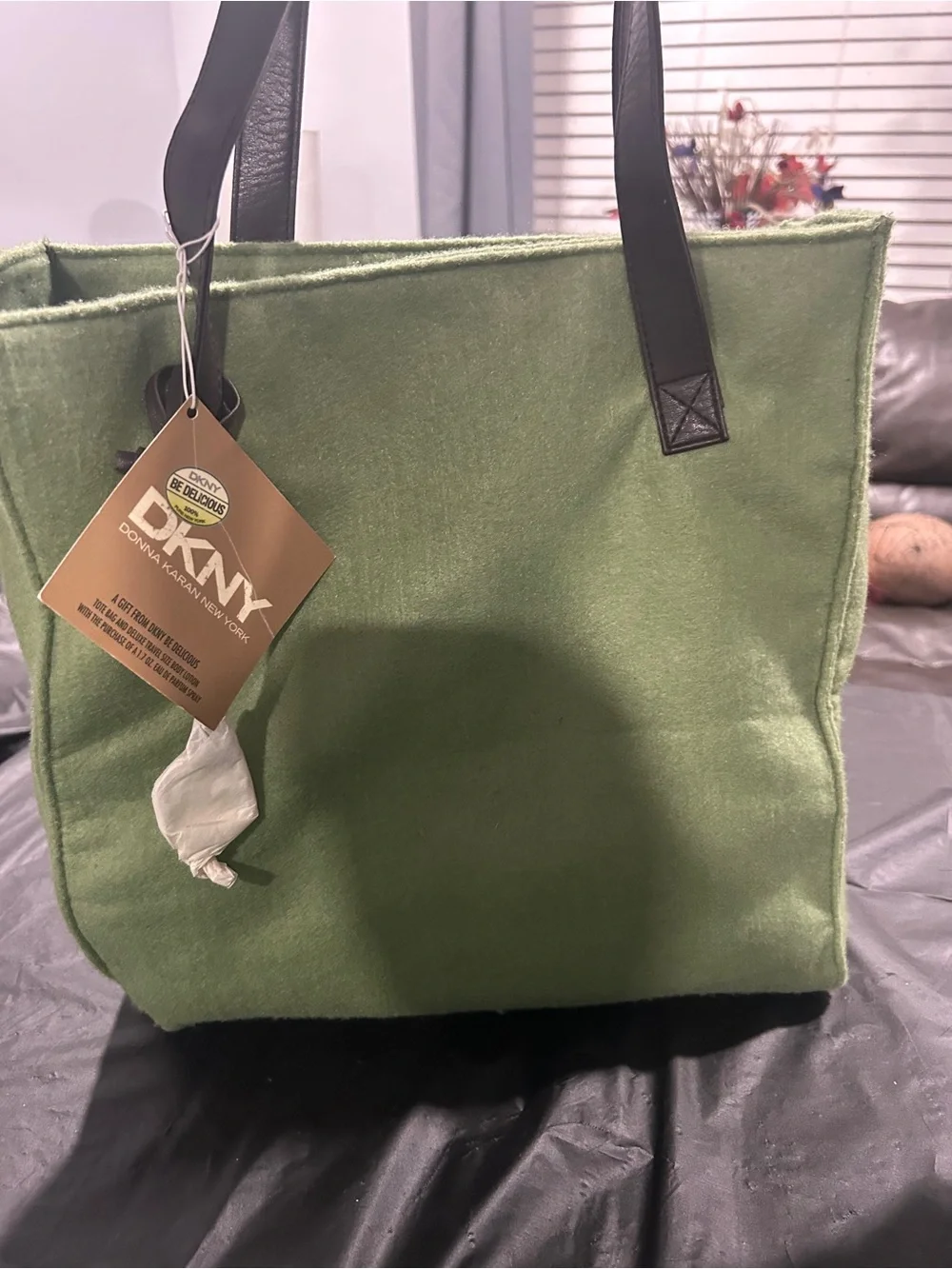 DKNY Olive Green Felt Tote with Dark brown Handles
